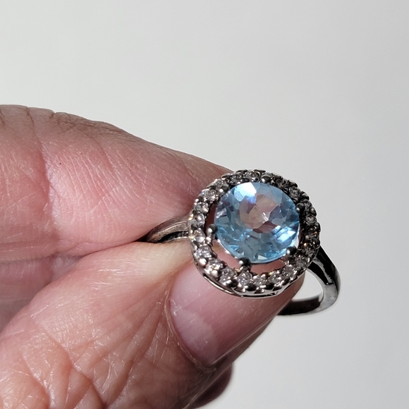 Silver and Blue Topaz Halo Ring Size 8 December Birthstone - Picture 8 of 11